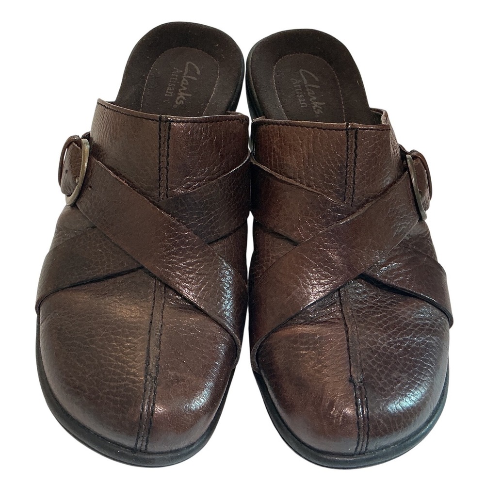 Clarks Artisan Brown Leather Crisscross Buckle Mules Clogs 85127 Women's 7.5 M